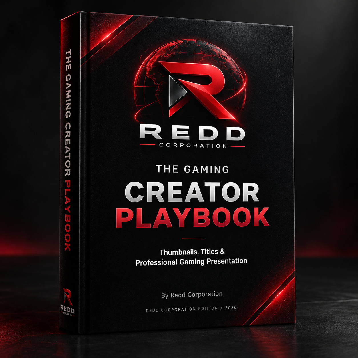Book mockup of The Gaming Creator Playbook by Redd Corporation, with a black cover and red details. The product is a digital PDF.